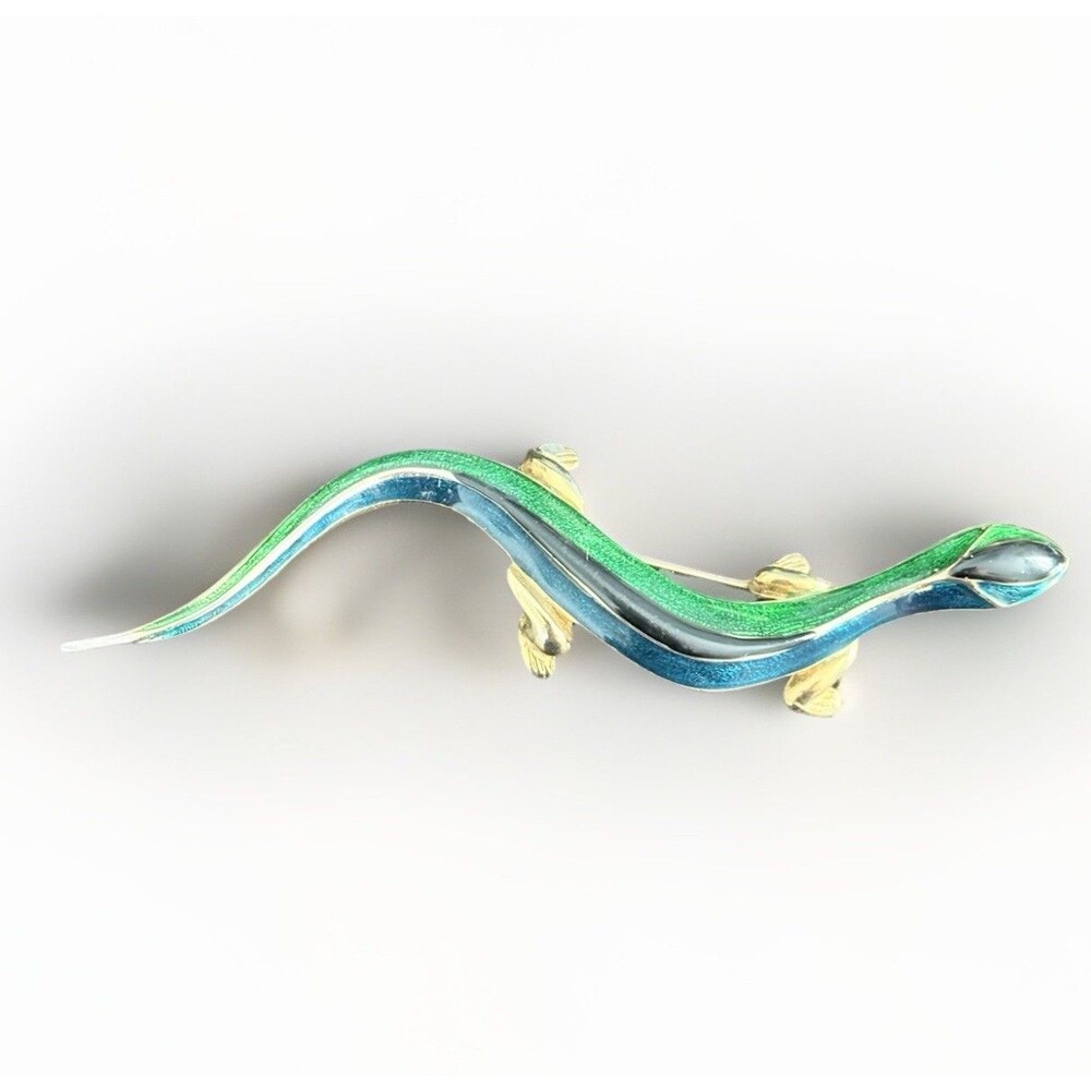 Vintage Teal/Green Enamel Lizard Brooch Gold Tone Gecko Salamander Figural Pin